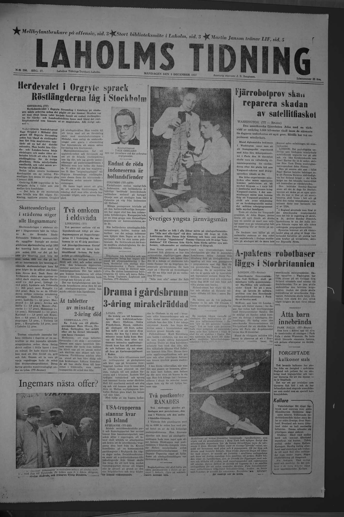 Laholms Tidning Måndag 9 december 1957, sida 1