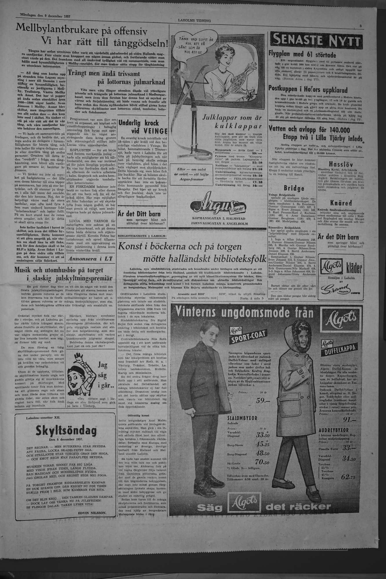 Laholms Tidning Måndag 9 december 1957, sida 3