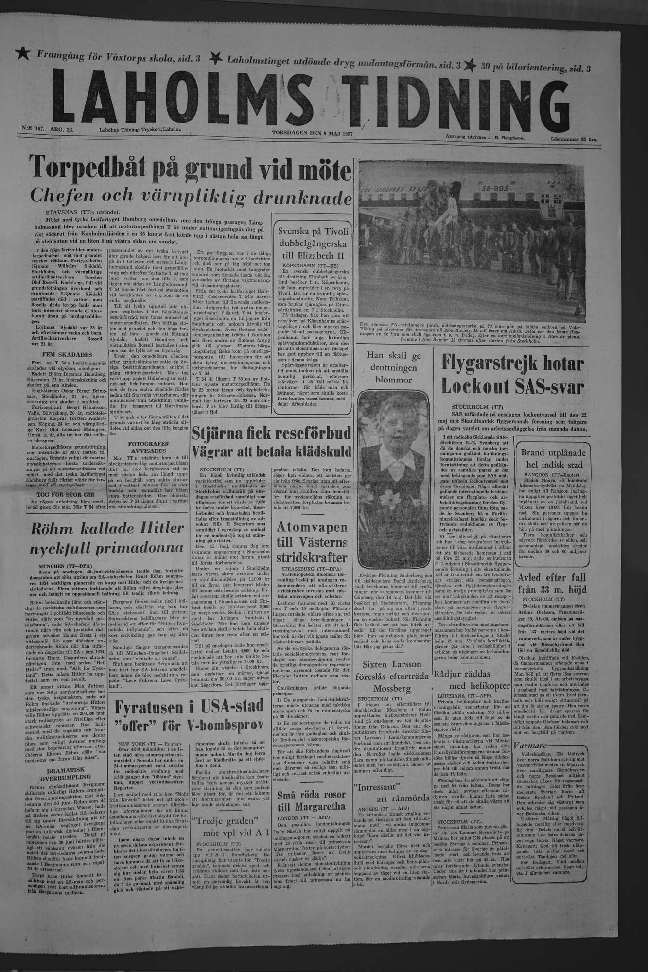 Laholms Tidning Torsdag 9 maj 1957, sida 1