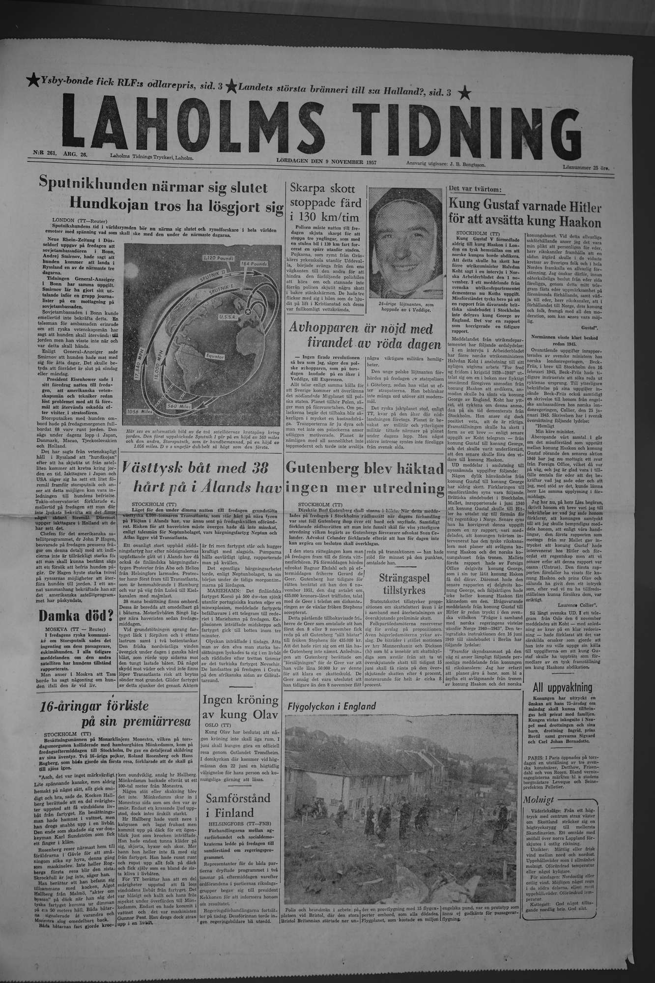 Laholms Tidning Lördag 9 november 1957, sida 1