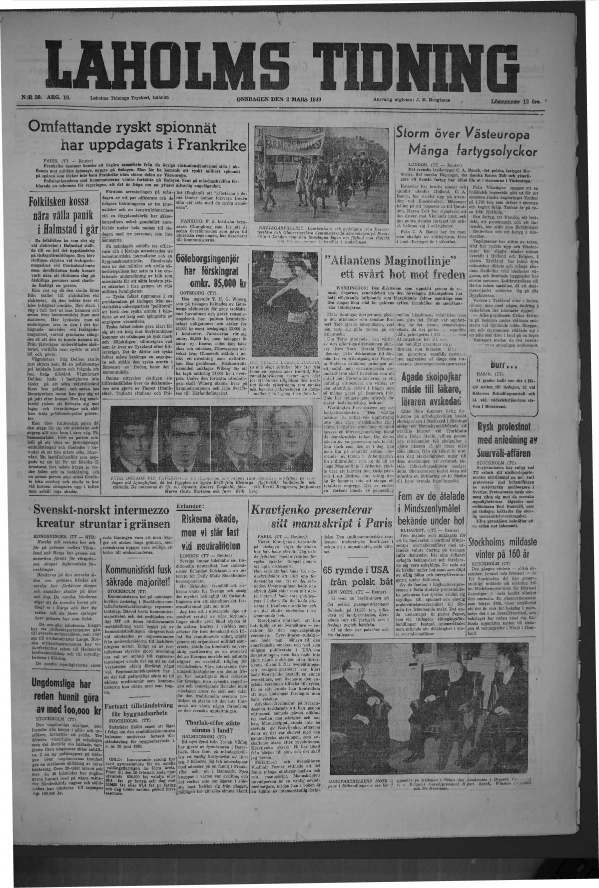 Laholms Tidning Onsdag 2 mars 1949, sida 1