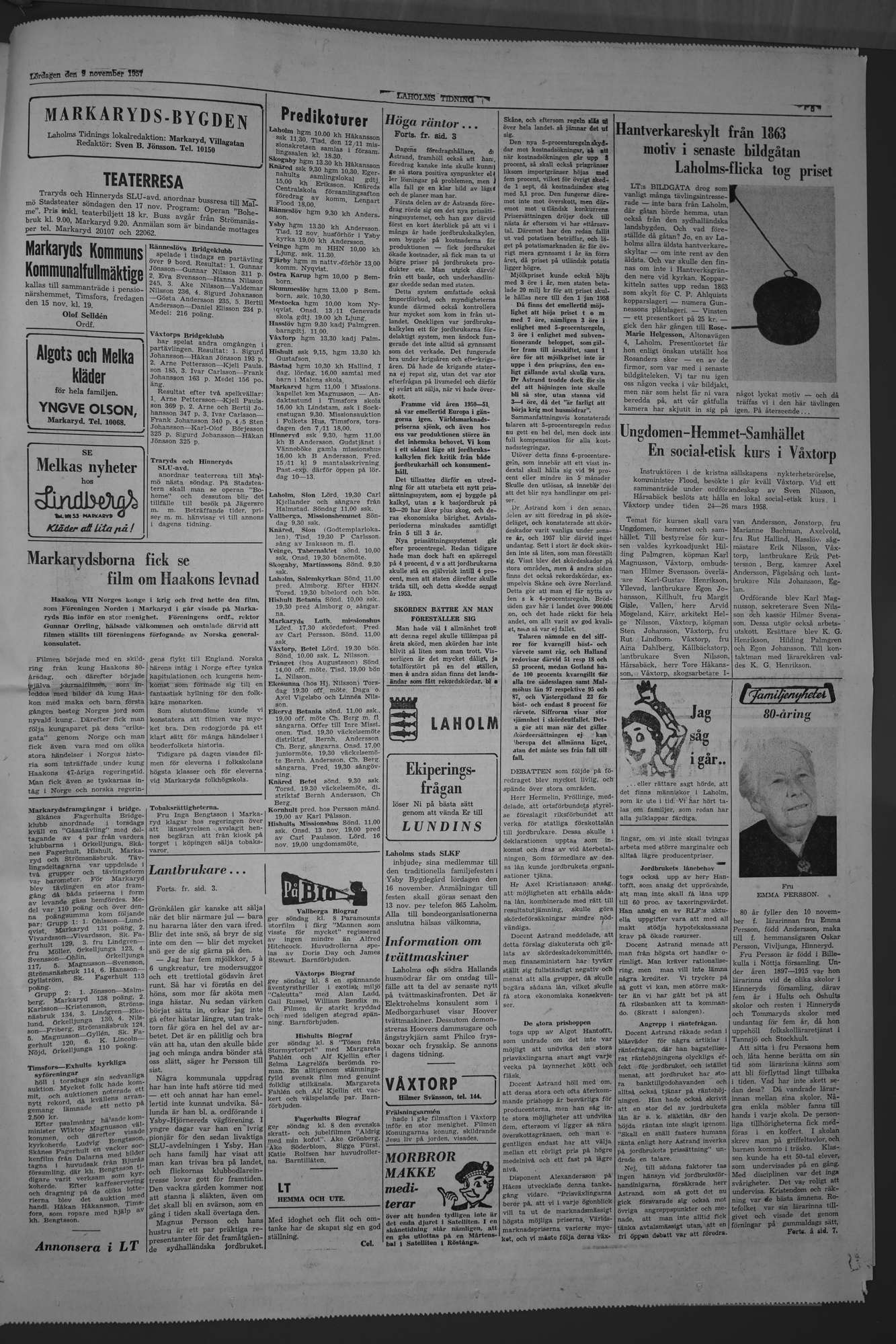 Laholms Tidning Lördag 9 november 1957, sida 5