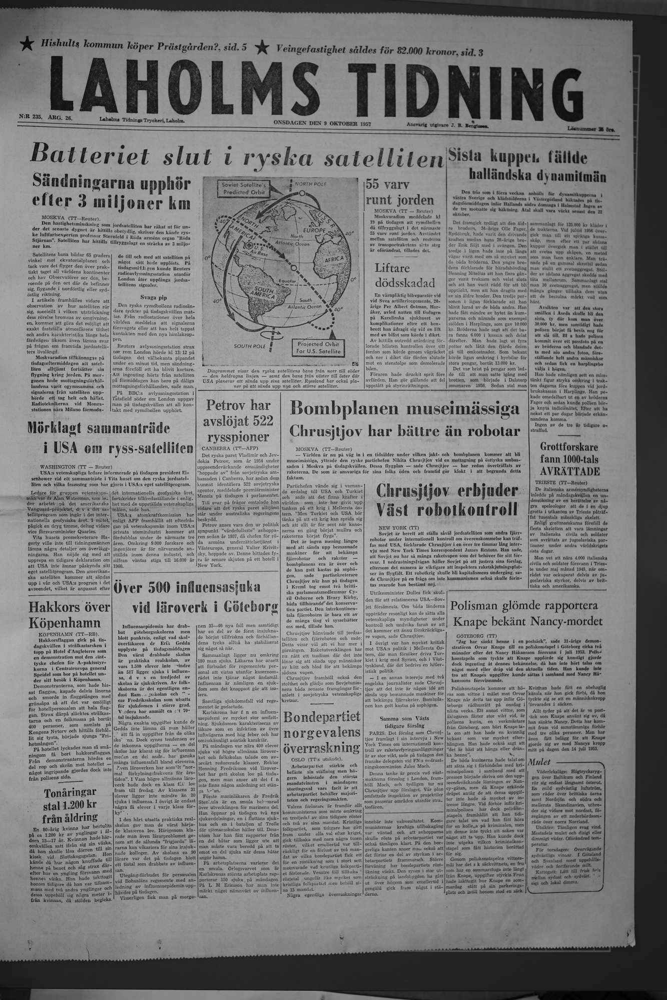 Laholms Tidning Onsdag 9 oktober 1957, sida 1