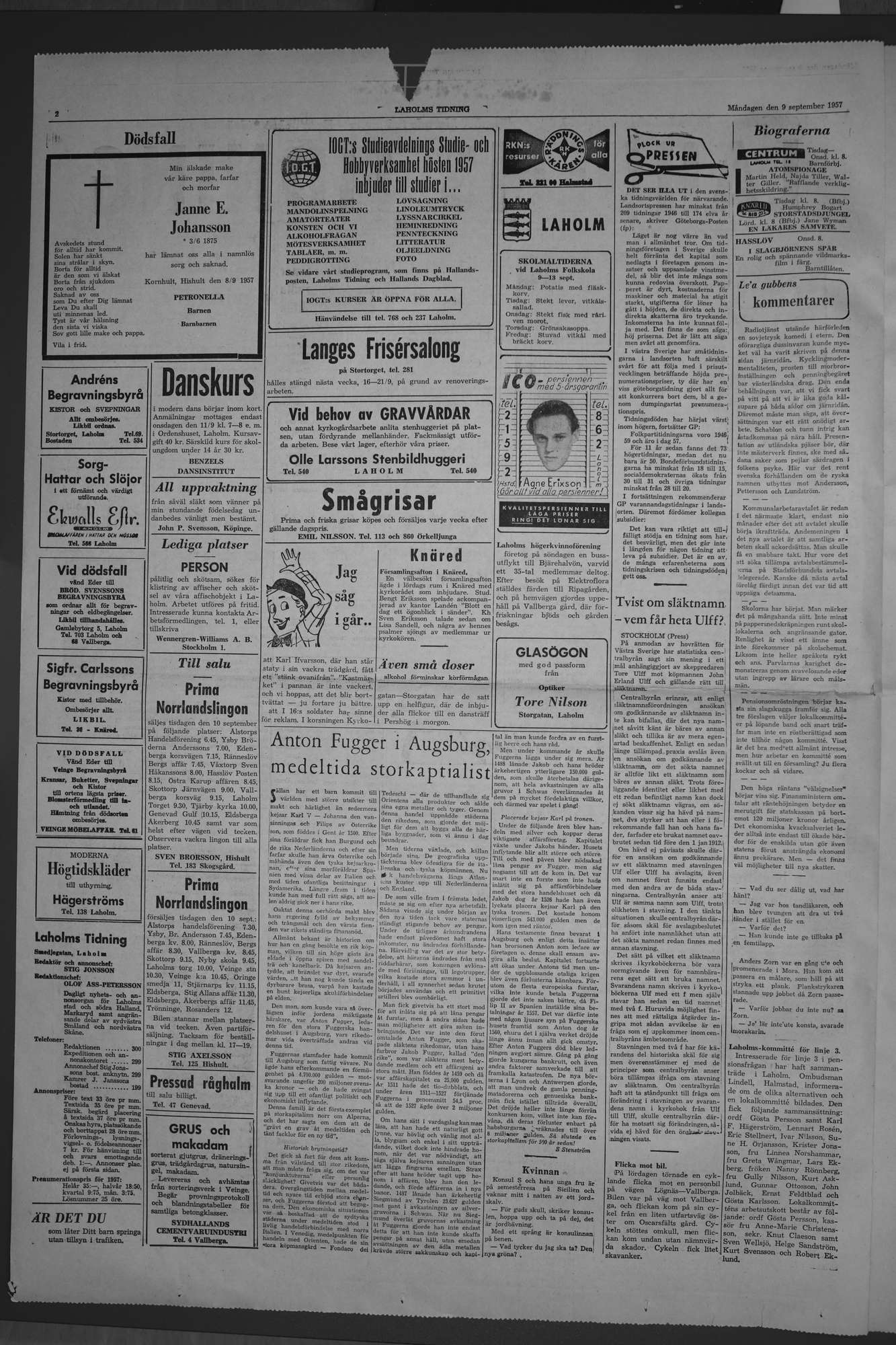 Laholms Tidning Måndag 9 september 1957, sida 2