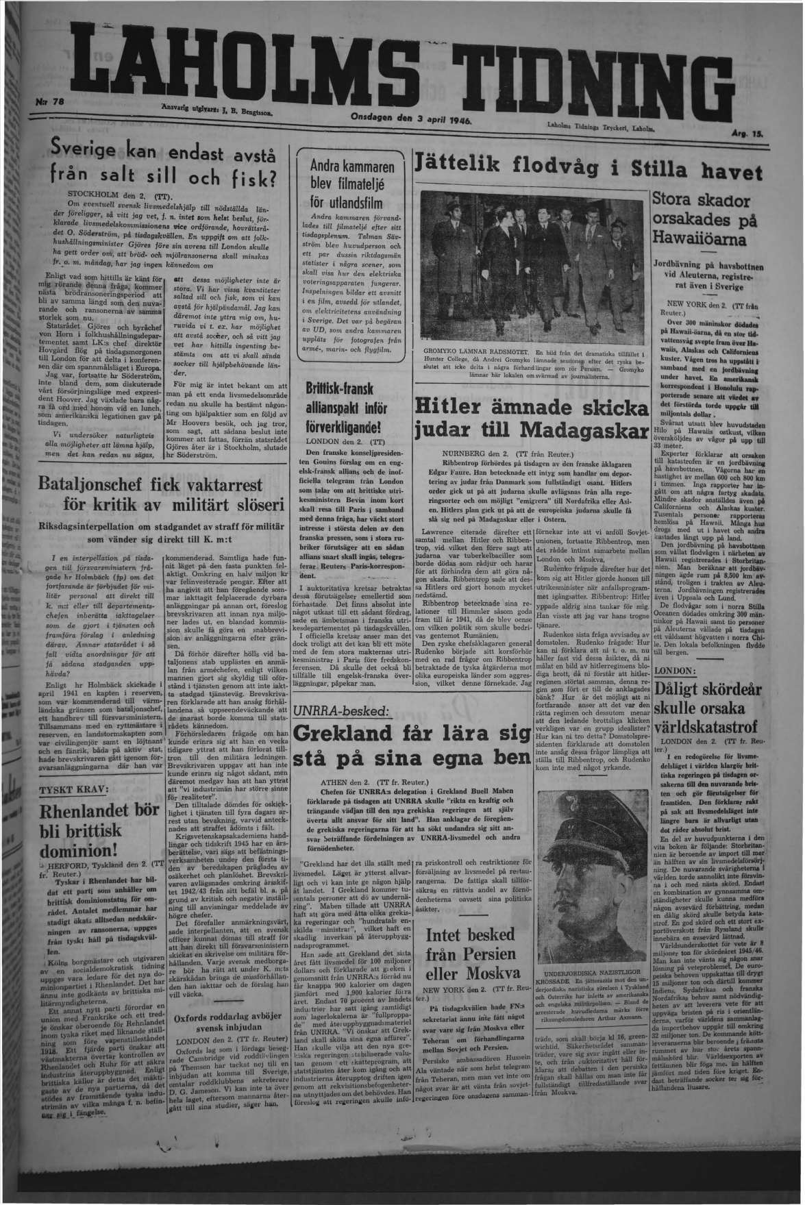 Laholms Tidning Onsdag 3 april 1946, sida 1