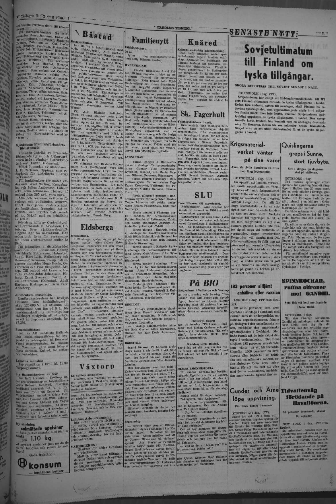Laholms Tidning Tisdag 2 april 1946, sida 3