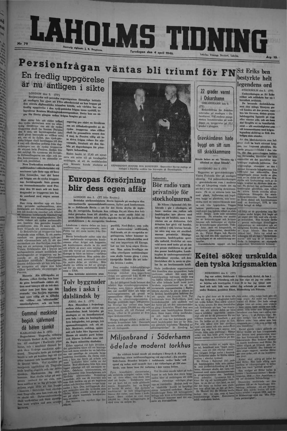 Laholms Tidning Torsdag 4 april 1946, sida 1
