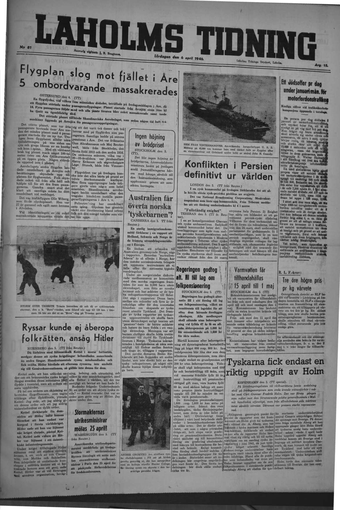 Laholms Tidning Lördag 6 april 1946, sida 1