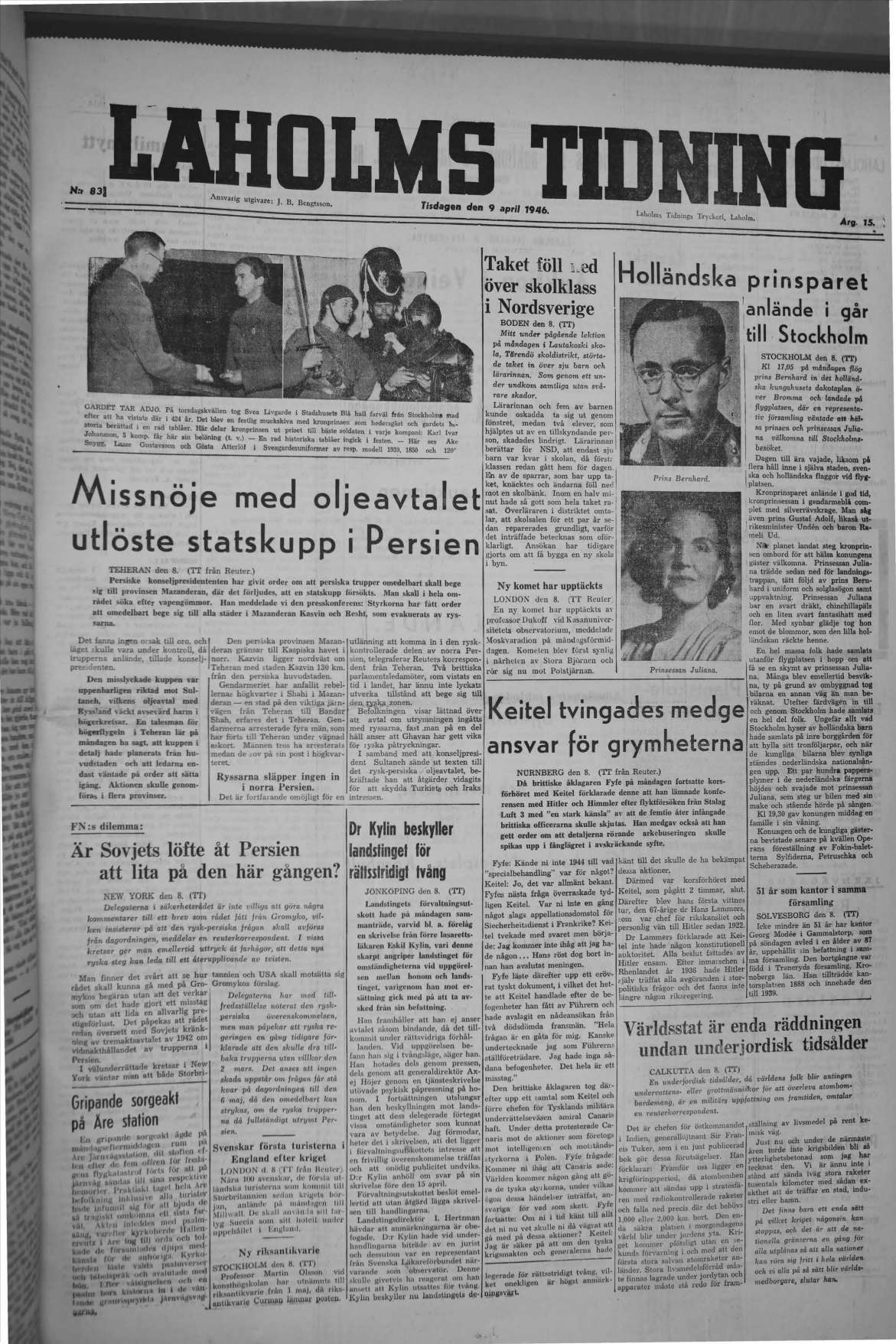 Laholms Tidning Tisdag 9 april 1946, sida 1