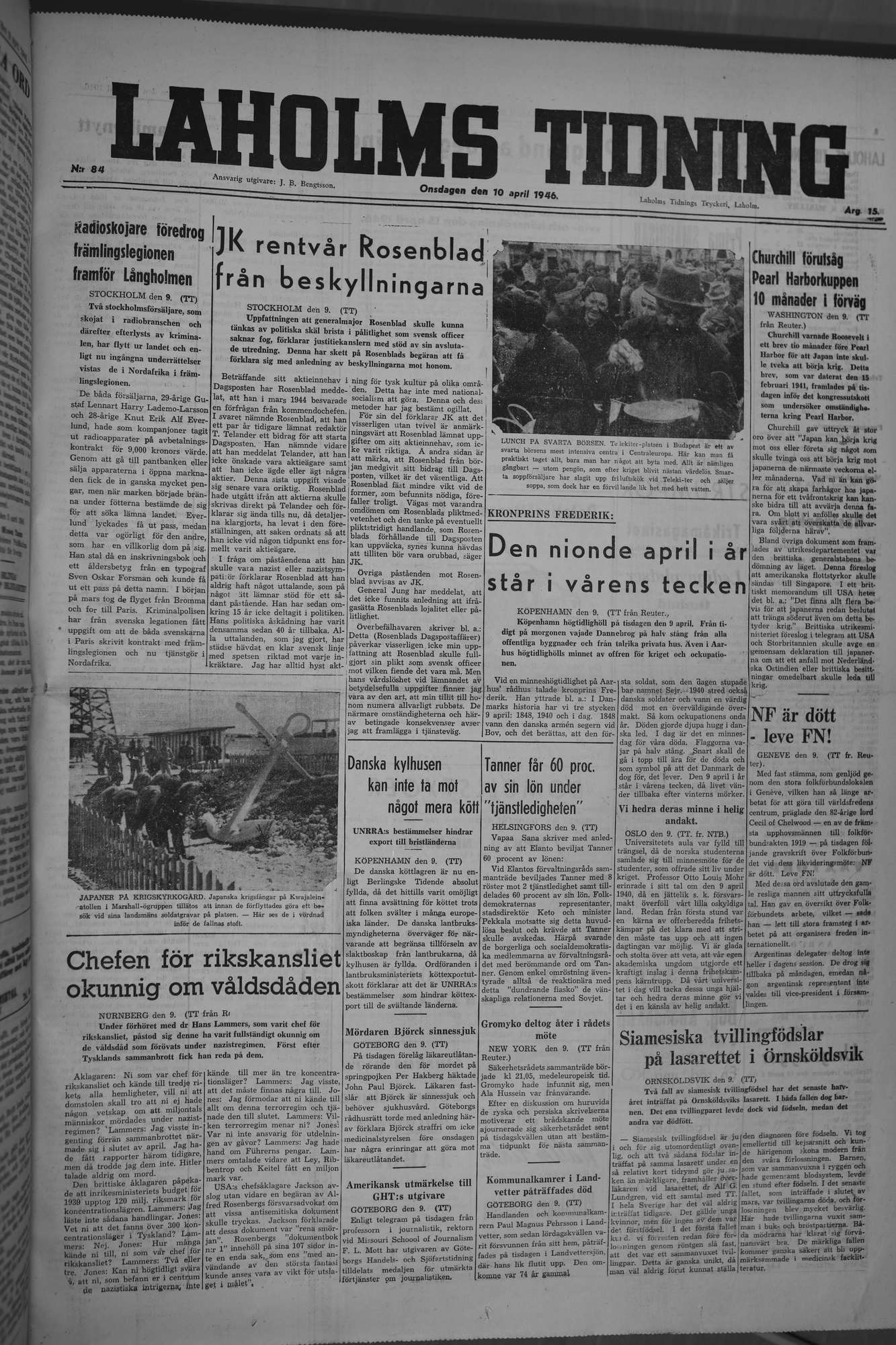 Laholms Tidning Onsdag 10 april 1946, sida 1