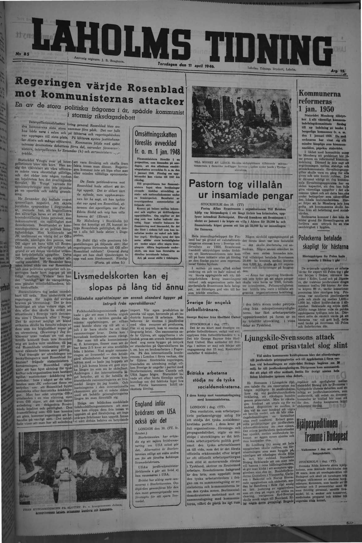 Laholms Tidning Torsdag 11 april 1946, sida 1