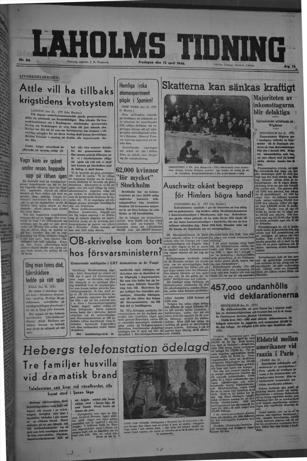 Laholms Tidning Fredag 12 april 1946, sida 1