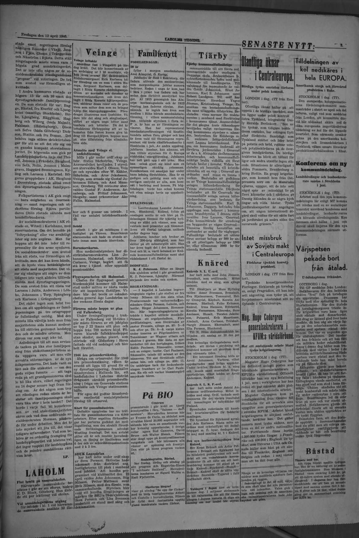 Laholms Tidning Fredag 12 april 1946, sida 3