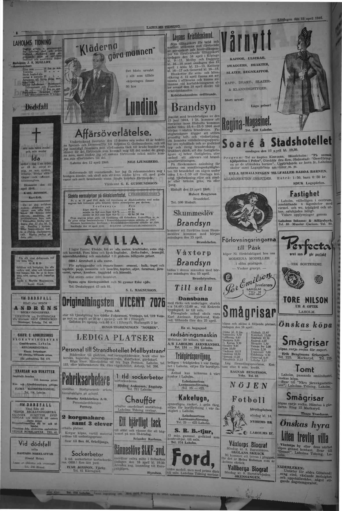 Laholms Tidning Lördag 13 april 1946, sida 2