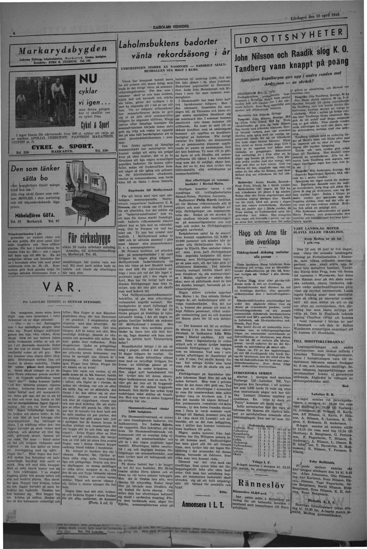 Laholms Tidning Lördag 13 april 1946, sida 4