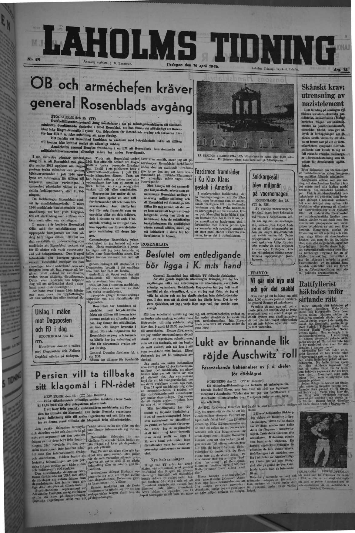 Laholms Tidning Tisdag 16 april 1946, sida 1