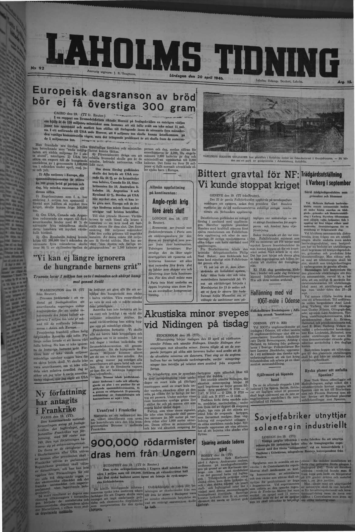 Laholms Tidning Lördag 20 april 1946, sida 1