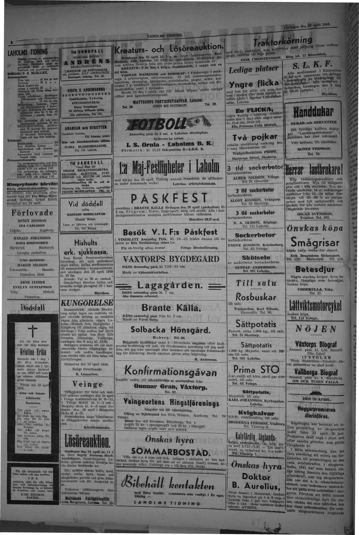 Laholms Tidning Lördag 20 april 1946, sida 2