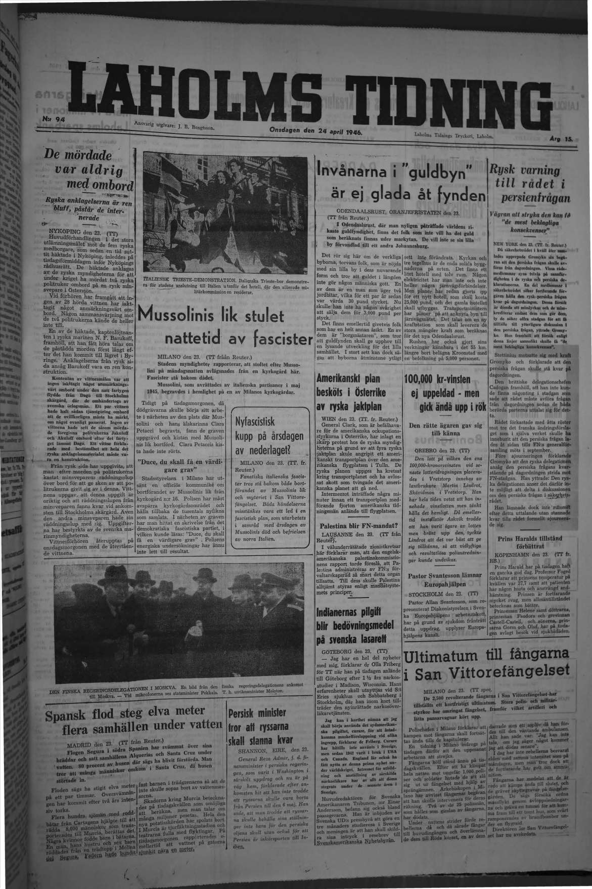 Laholms Tidning Onsdag 24 april 1946, sida 1