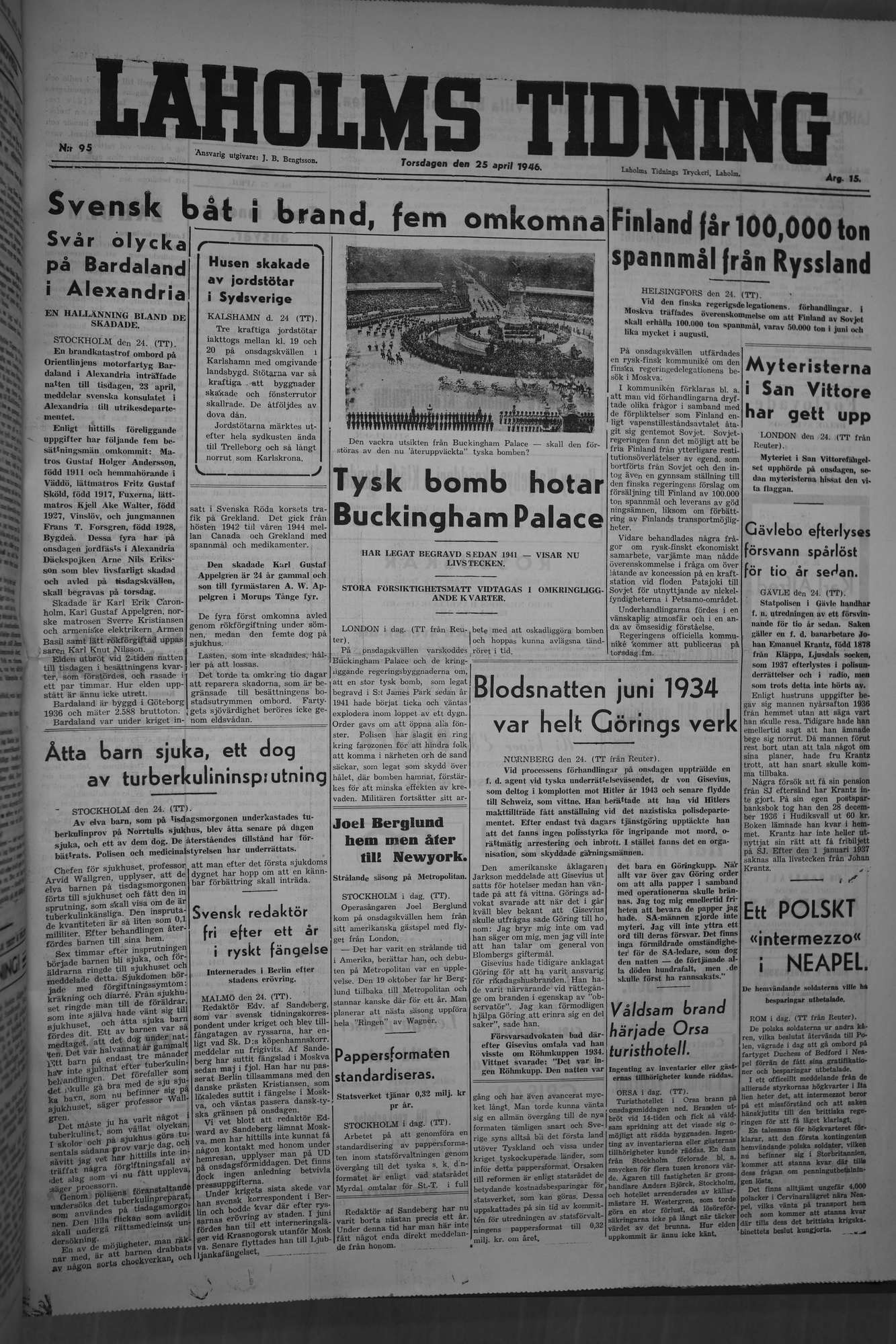 Laholms Tidning Torsdag 25 april 1946, sida 1
