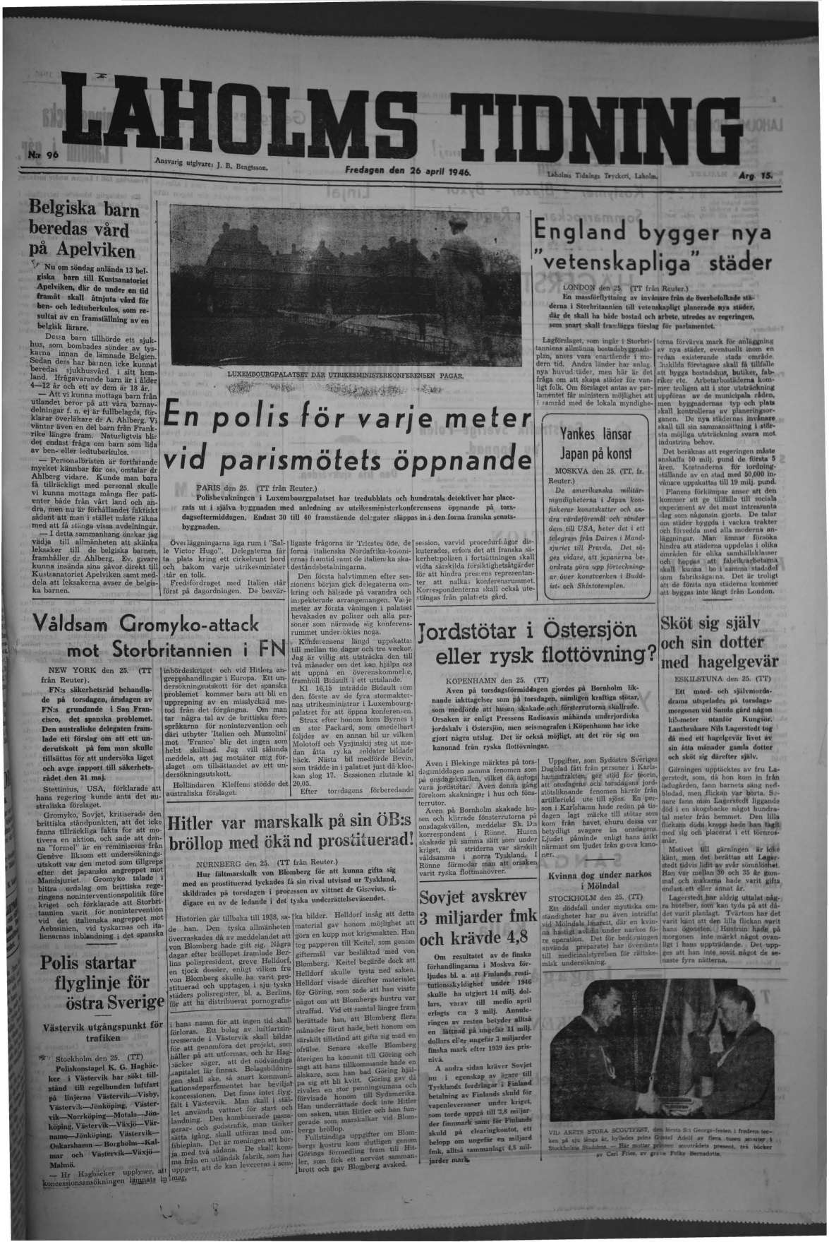 Laholms Tidning Fredag 26 april 1946, sida 1