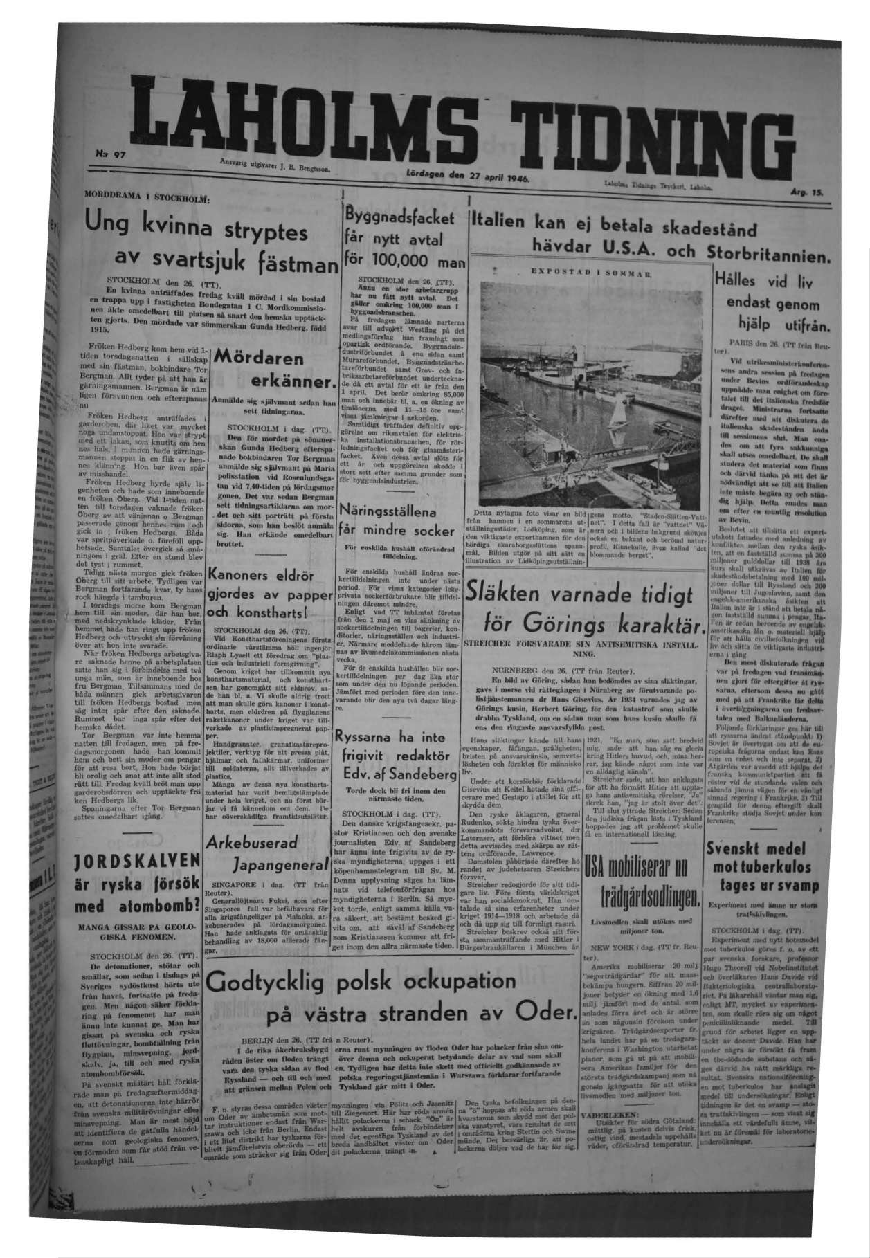Laholms Tidning Lördag 27 april 1946, sida 1