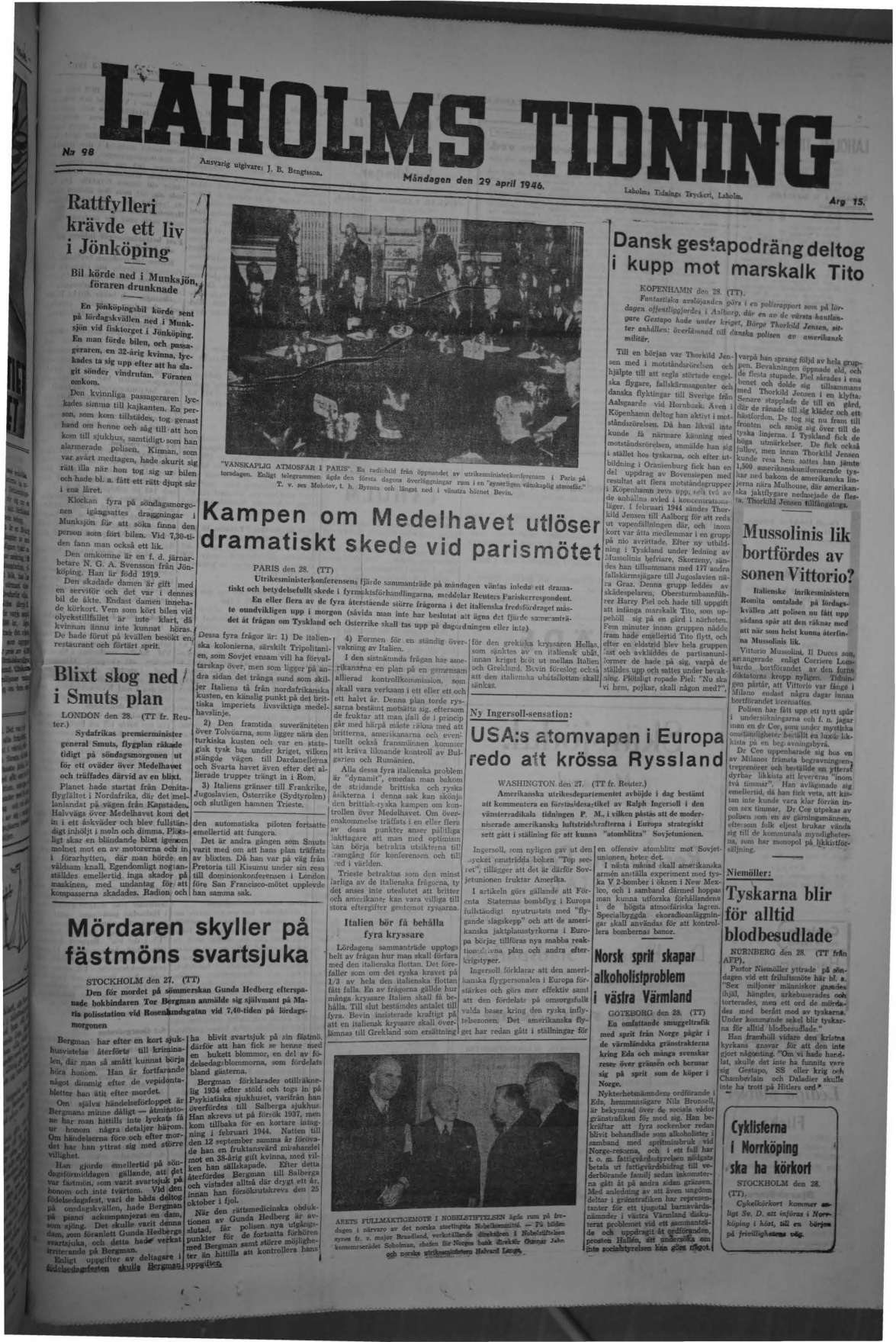 Laholms Tidning Måndag 29 april 1946, sida 1
