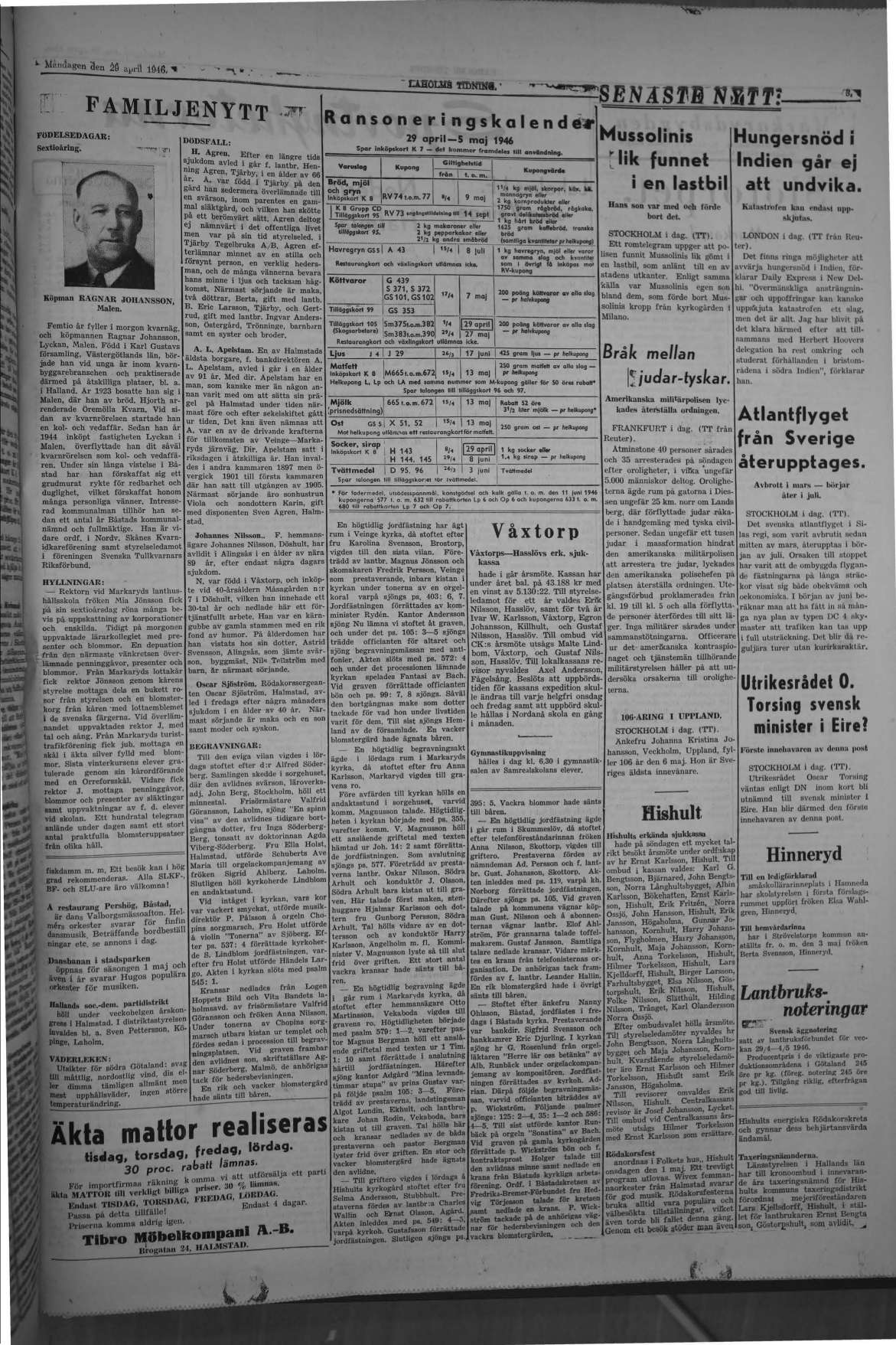 Laholms Tidning Måndag 29 april 1946, sida 3