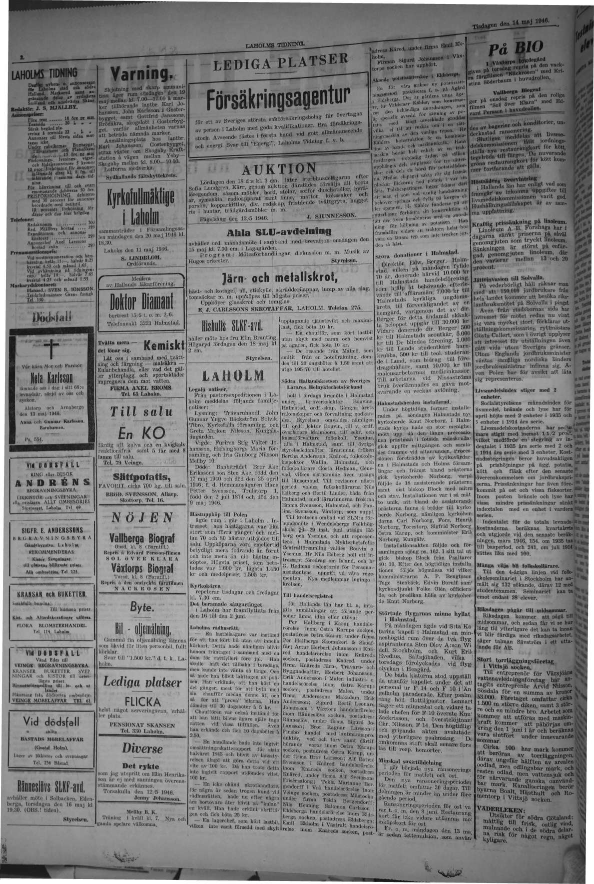 Laholms Tidning Tisdag 14 maj 1946, sida 2