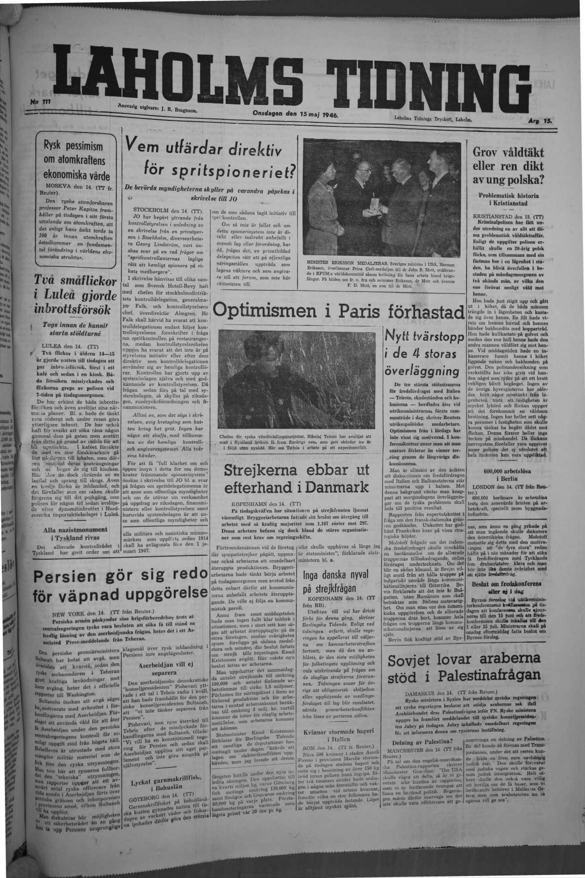Laholms Tidning Onsdag 15 maj 1946, sida 1