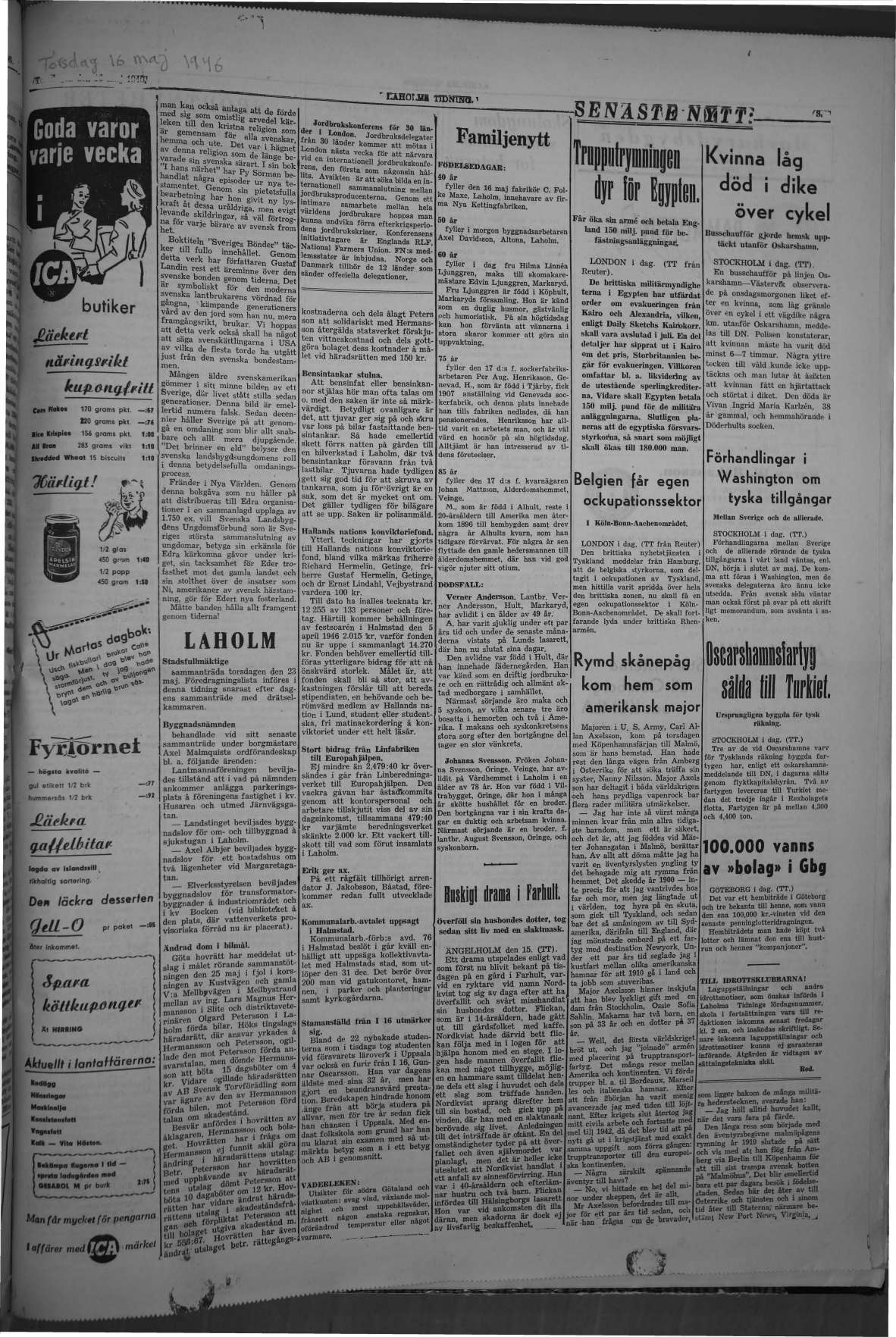 Laholms Tidning Torsdag 16 maj 1946, sida 3
