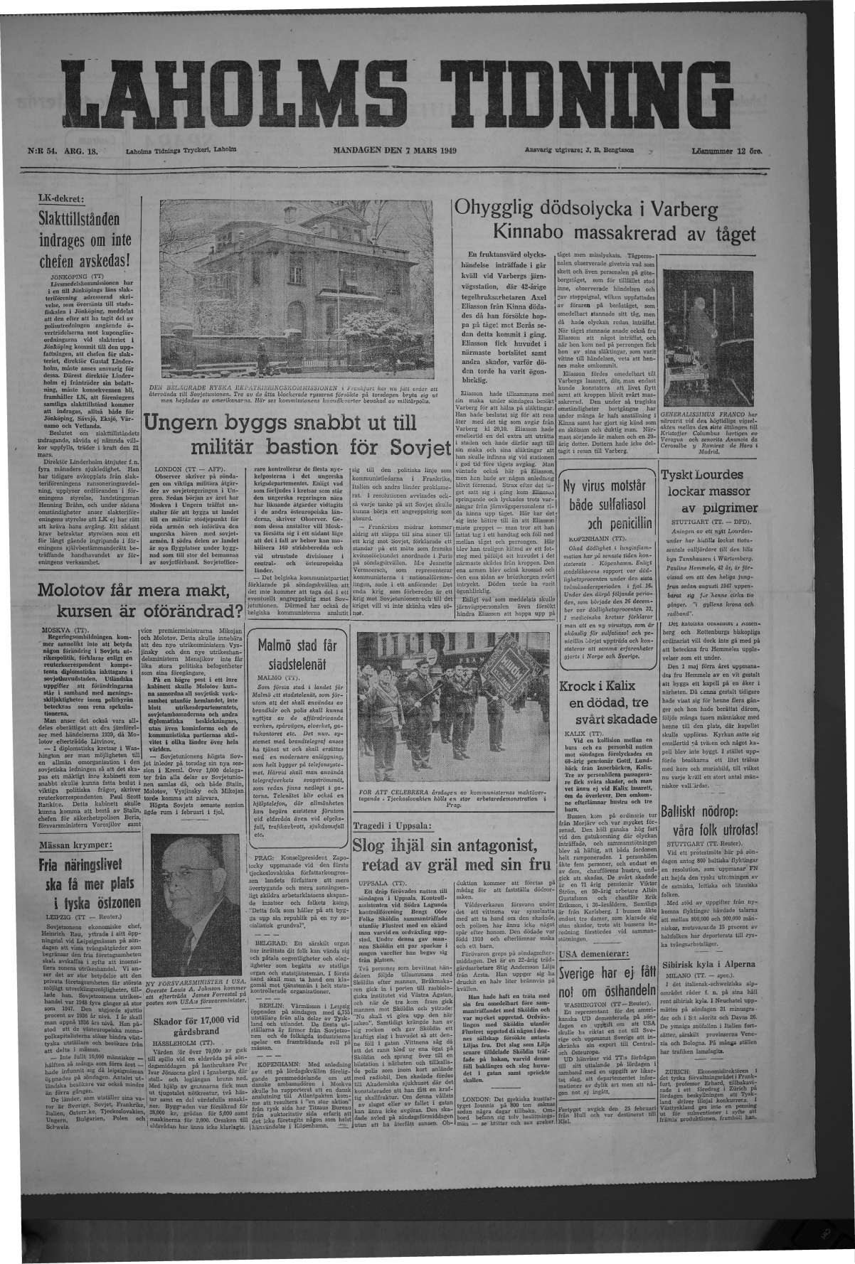 Laholms Tidning Måndag 7 mars 1949, sida 1