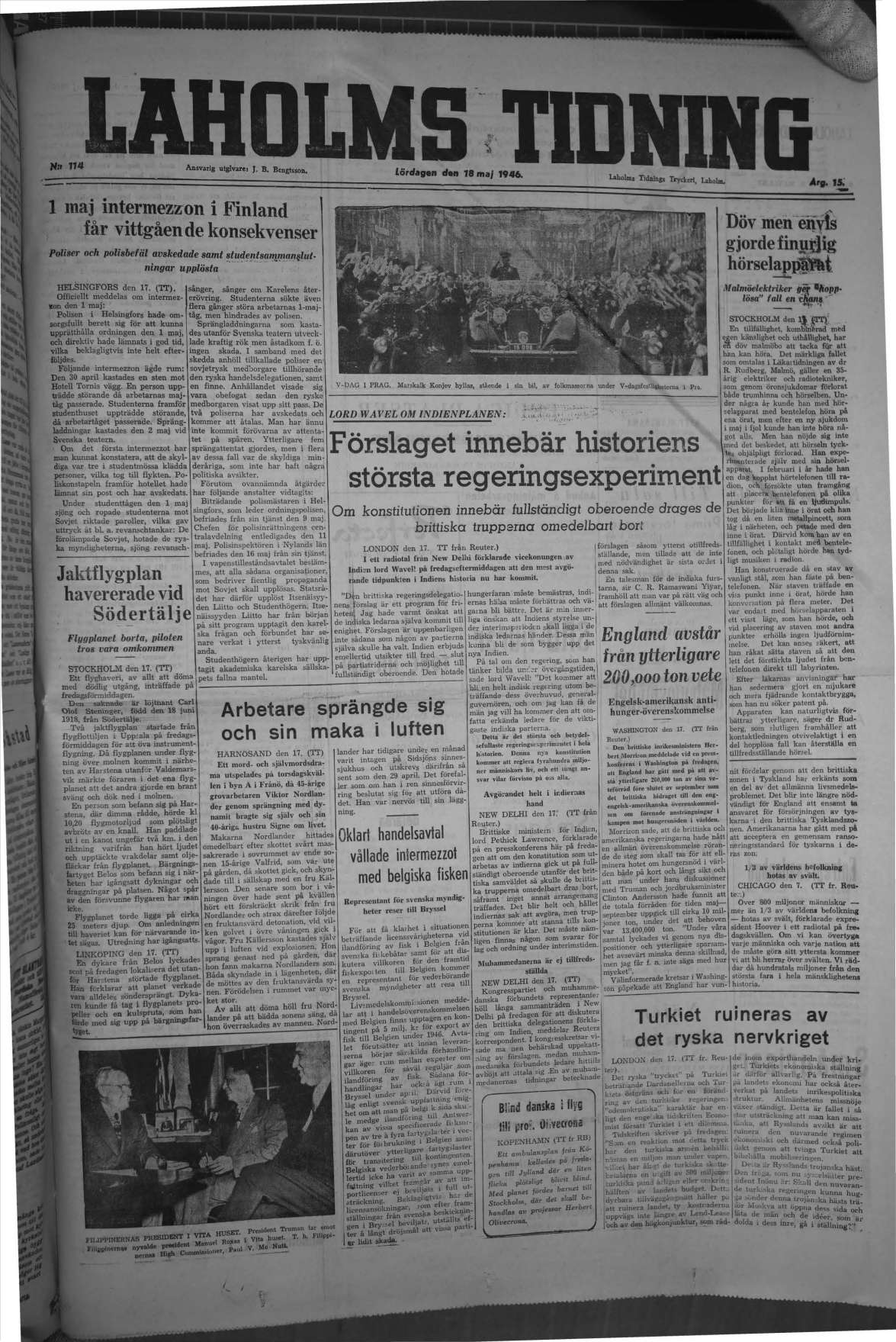Laholms Tidning Lördag 18 maj 1946, sida 1