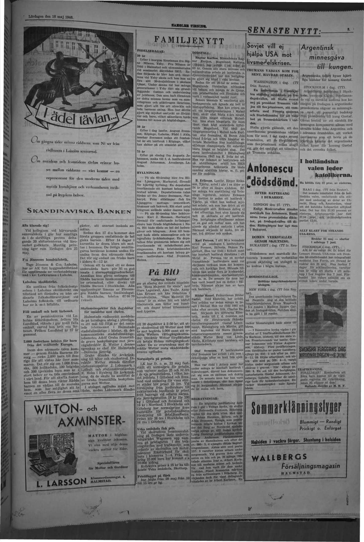Laholms Tidning Lördag 18 maj 1946, sida 3