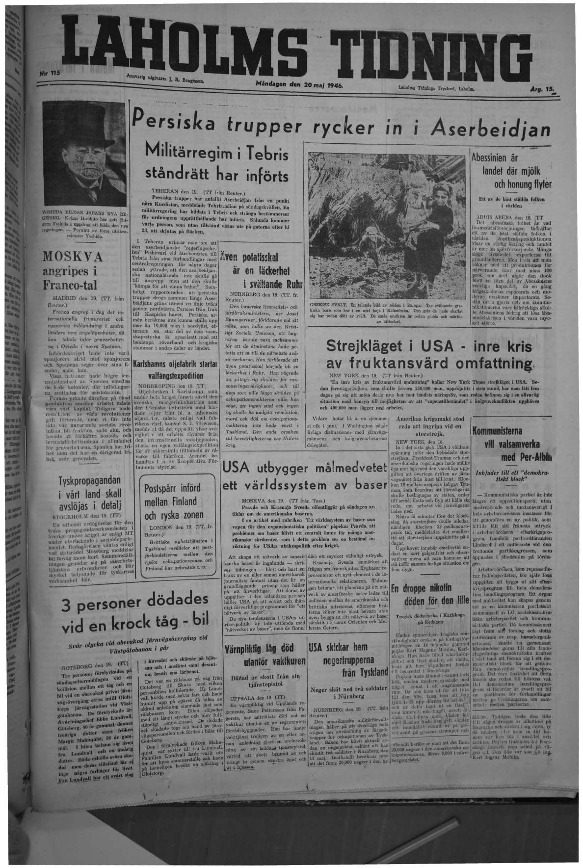 Laholms Tidning Måndag 20 maj 1946, sida 1