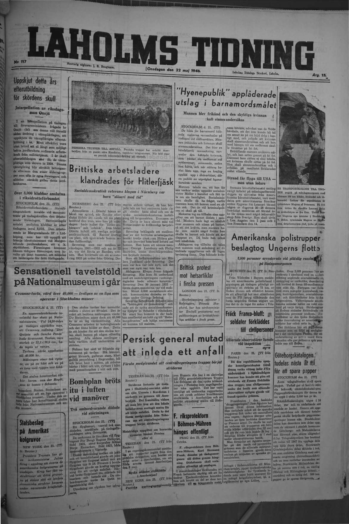 Laholms Tidning Onsdag 22 maj 1946, sida 1