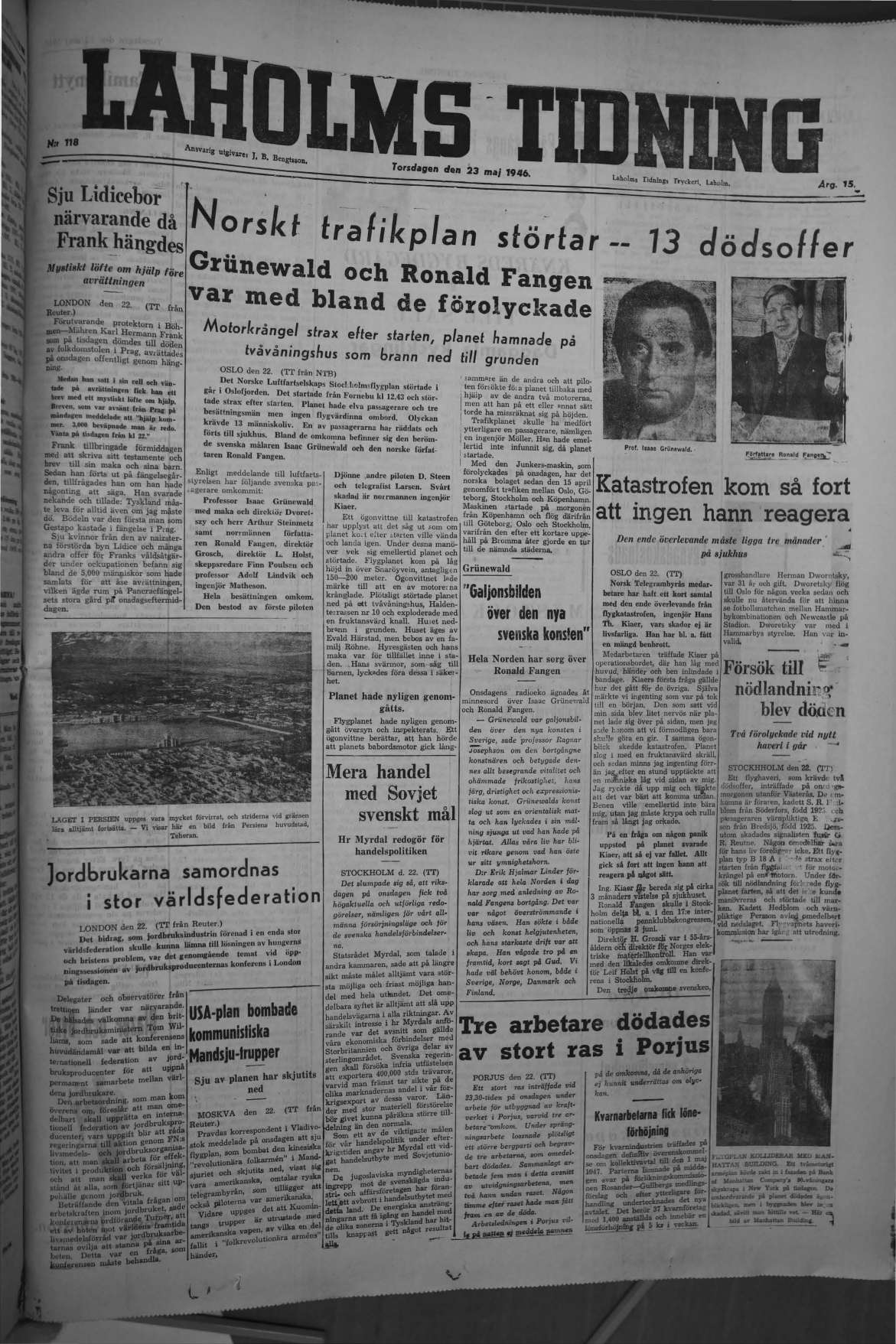 Laholms Tidning Torsdag 23 maj 1946, sida 1