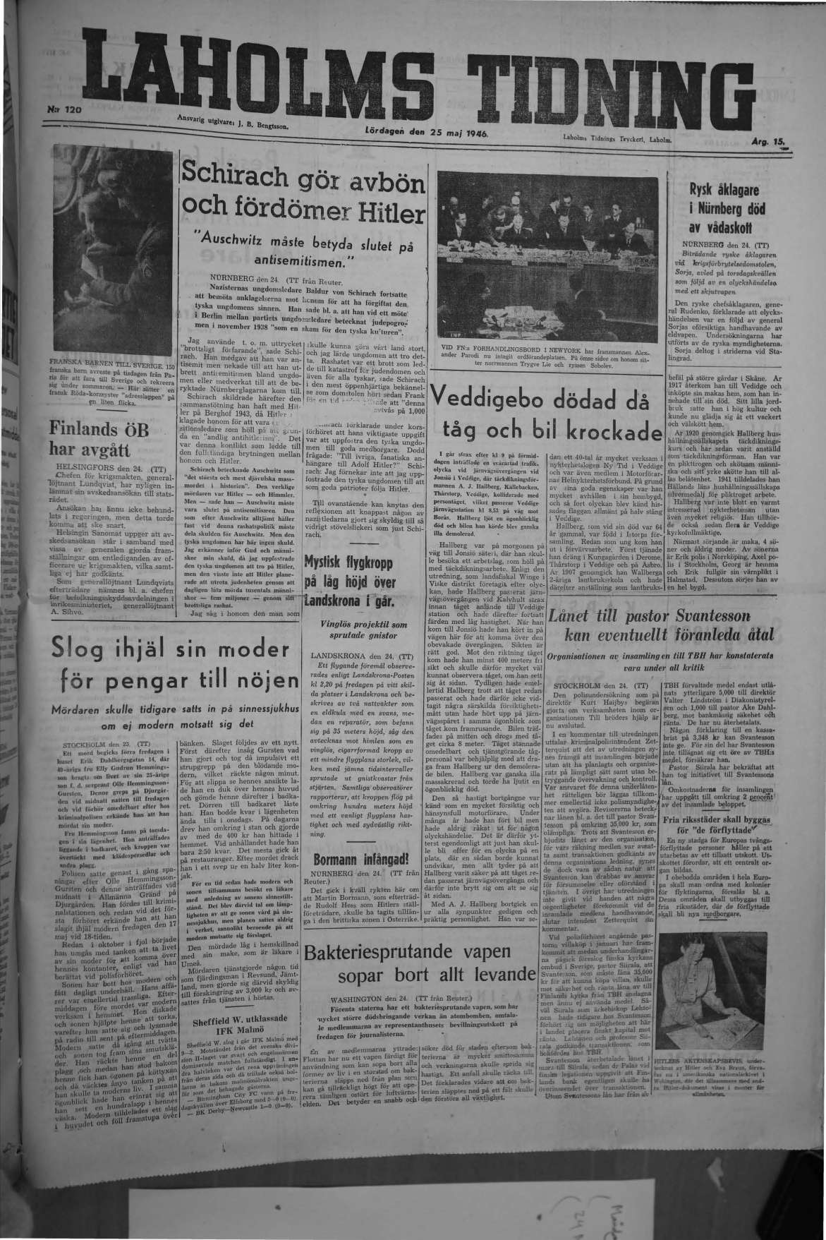 Laholms Tidning Lördag 25 maj 1946, sida 1