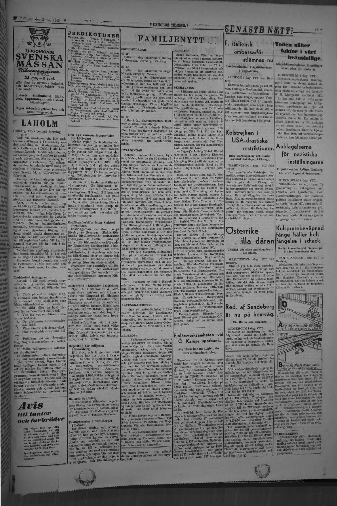Laholms Tidning Fredag 3 maj 1946, sida 3