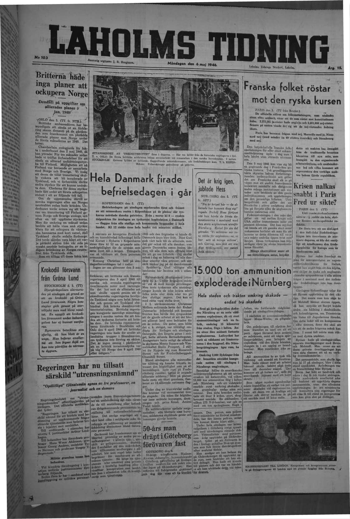 Laholms Tidning Måndag 6 maj 1946, sida 1