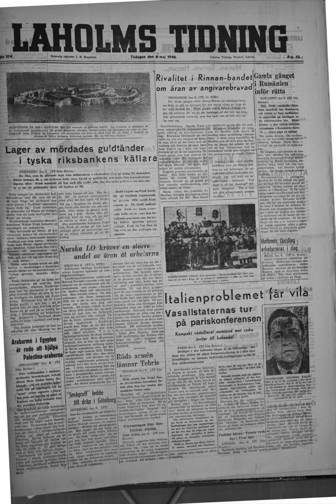 Laholms Tidning Tisdag 7 maj 1946, sida 1