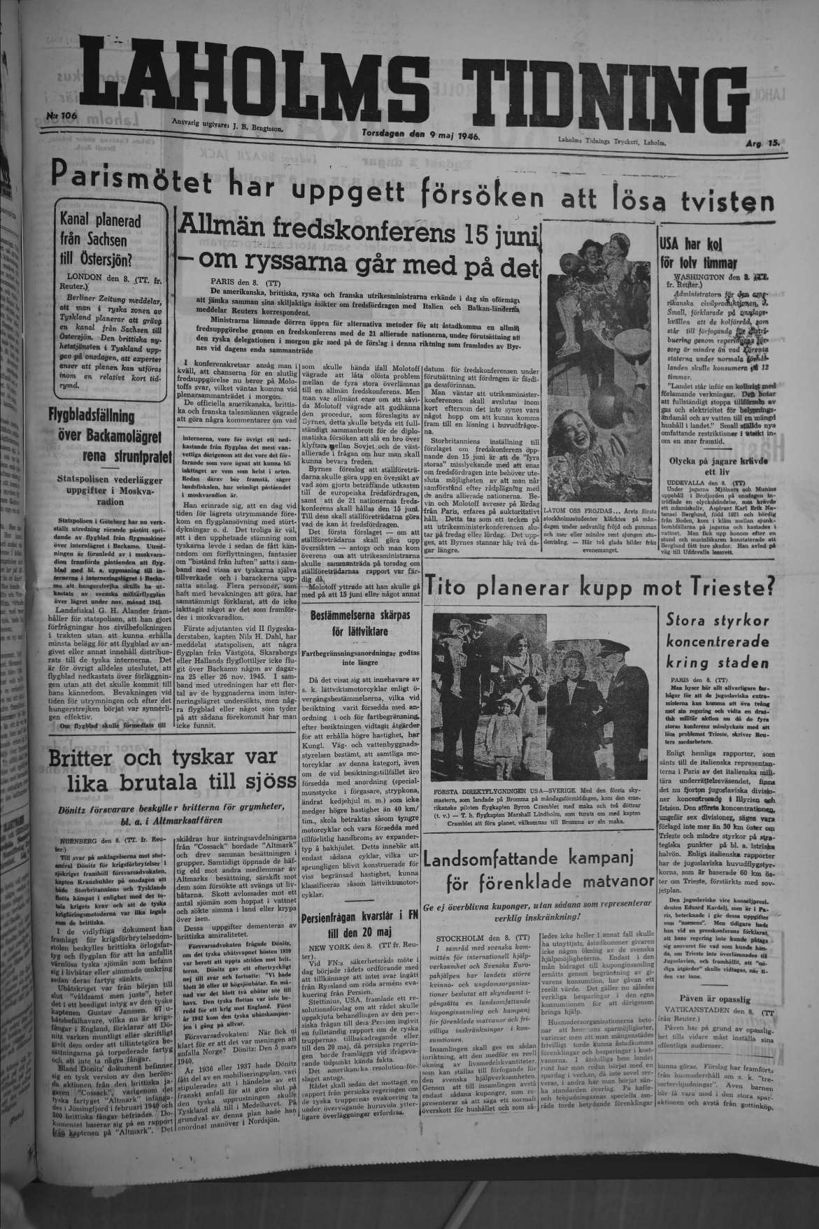 Laholms Tidning Torsdag 9 maj 1946, sida 1