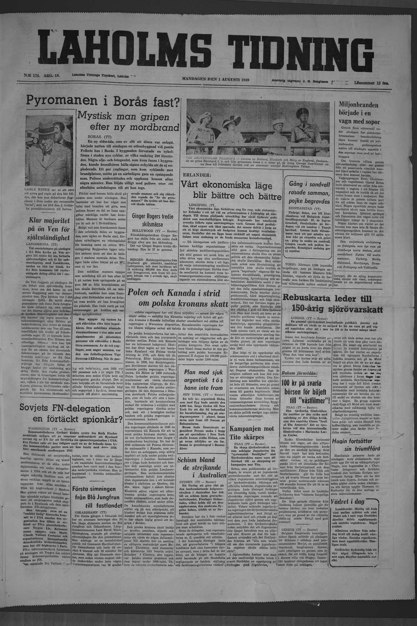 Laholms Tidning Måndag 1 augusti 1949, sida 1