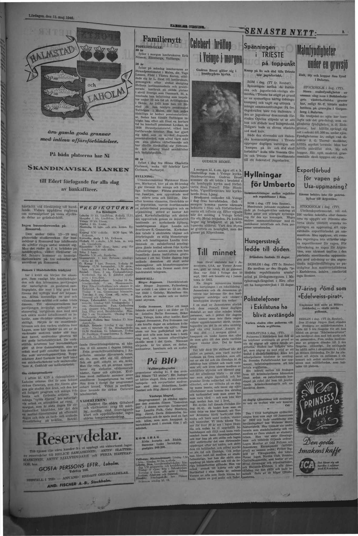 Laholms Tidning Lördag 11 maj 1946, sida 3