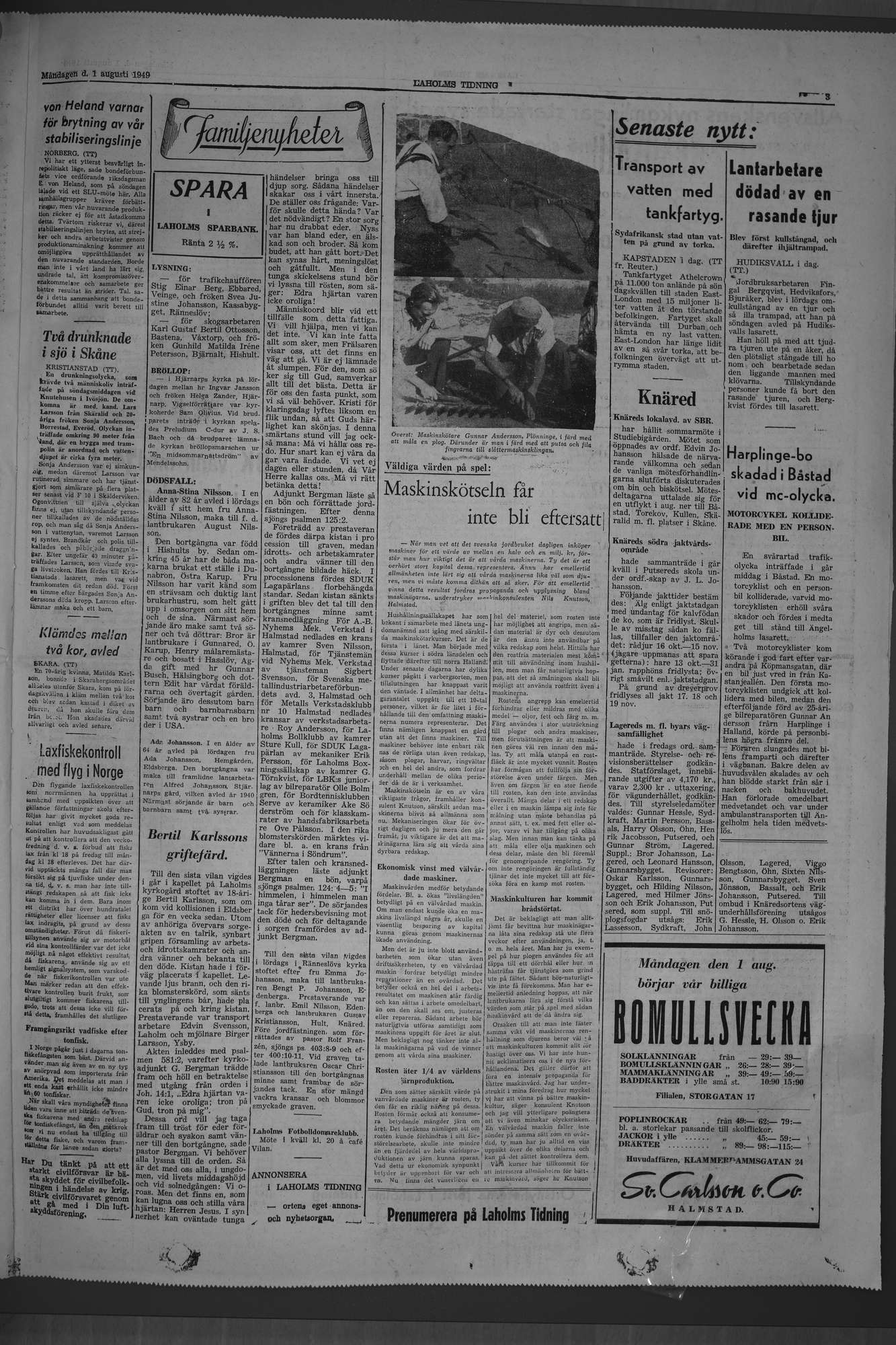 Laholms Tidning Måndag 1 augusti 1949, sida 3