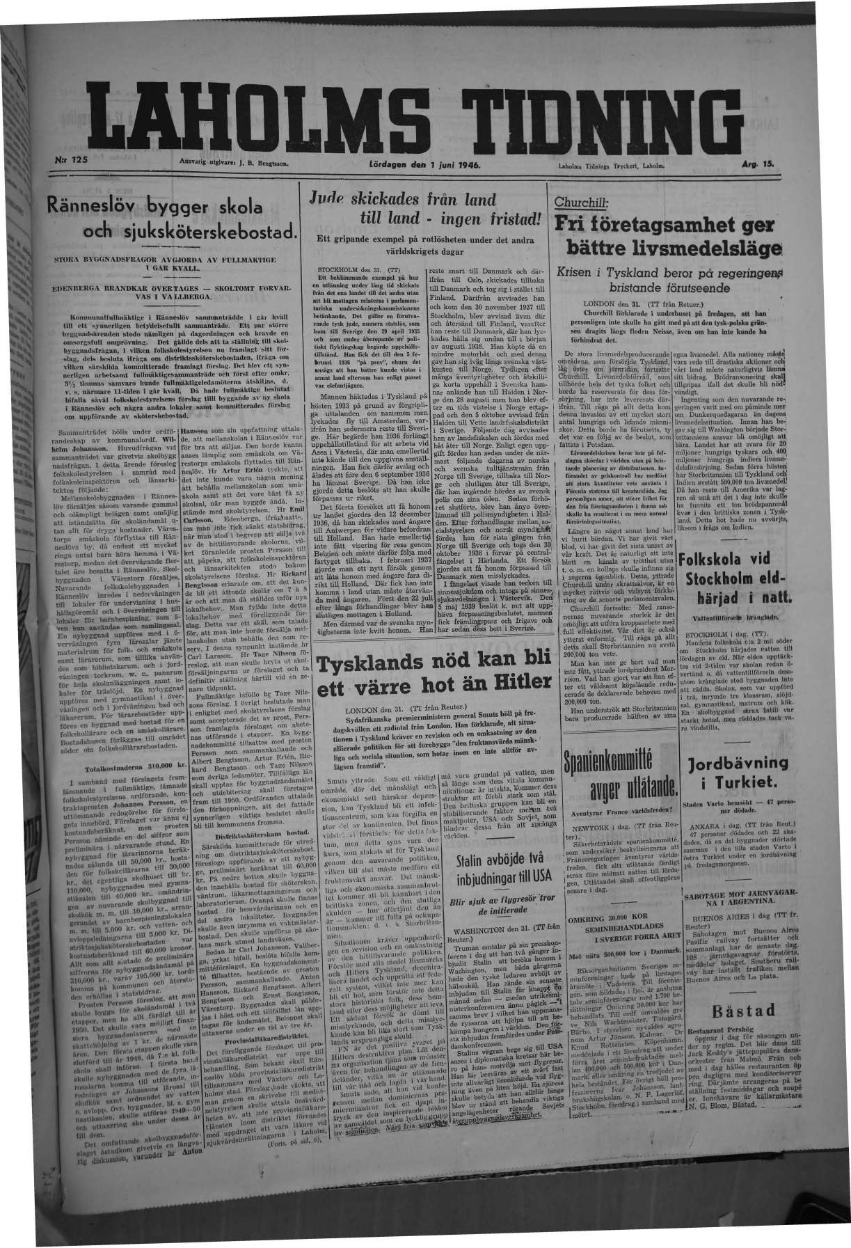 Laholms Tidning Lördag 1 juni 1946, sida 1