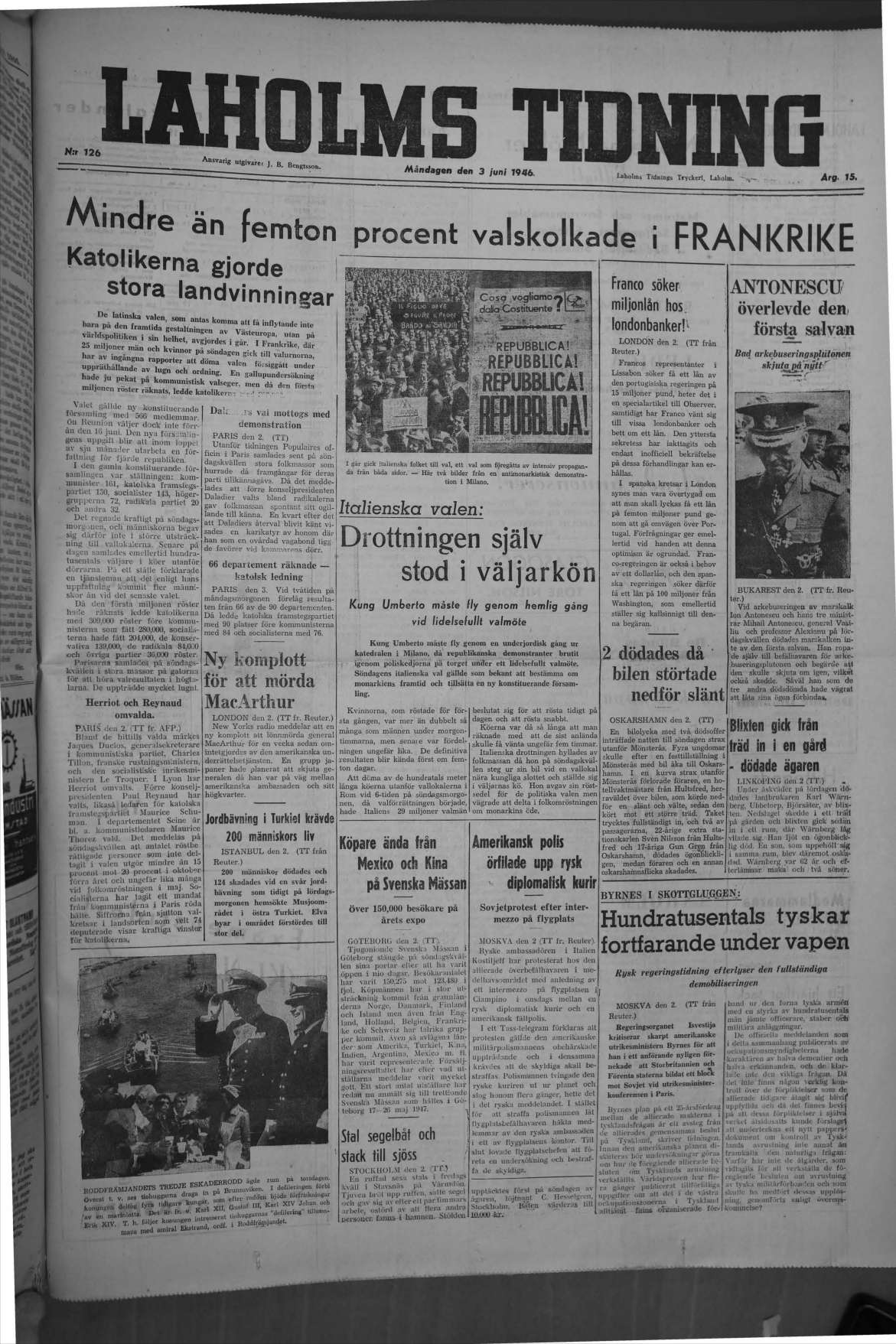 Laholms Tidning Måndag 3 juni 1946, sida 1