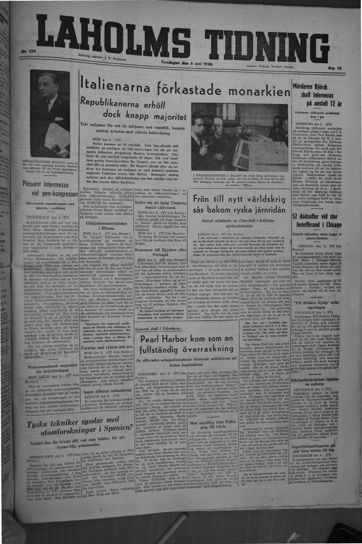 Laholms Tidning Torsdag 6 juni 1946, sida 1