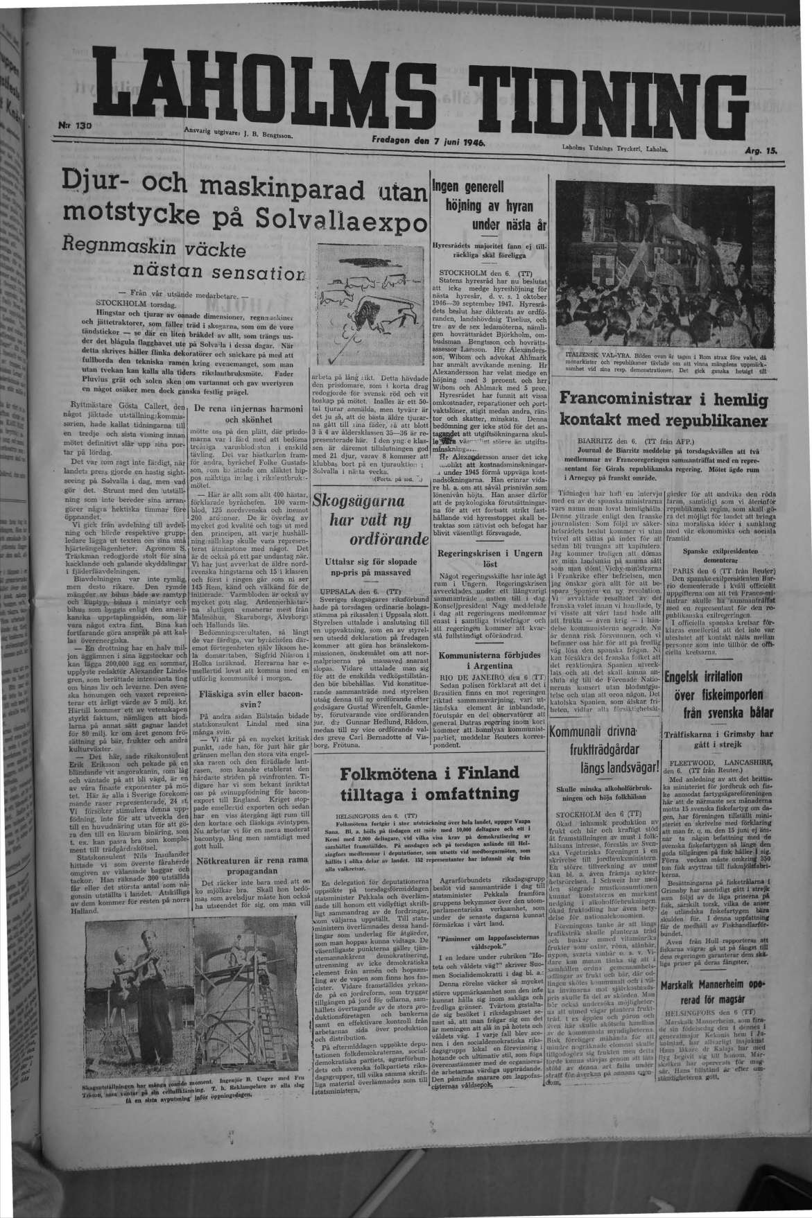 Laholms Tidning Fredag 7 juni 1946, sida 1