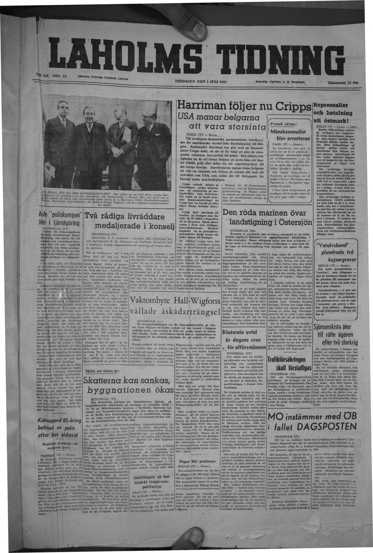 Laholms Tidning Fredag 1 juli 1949, sida 1
